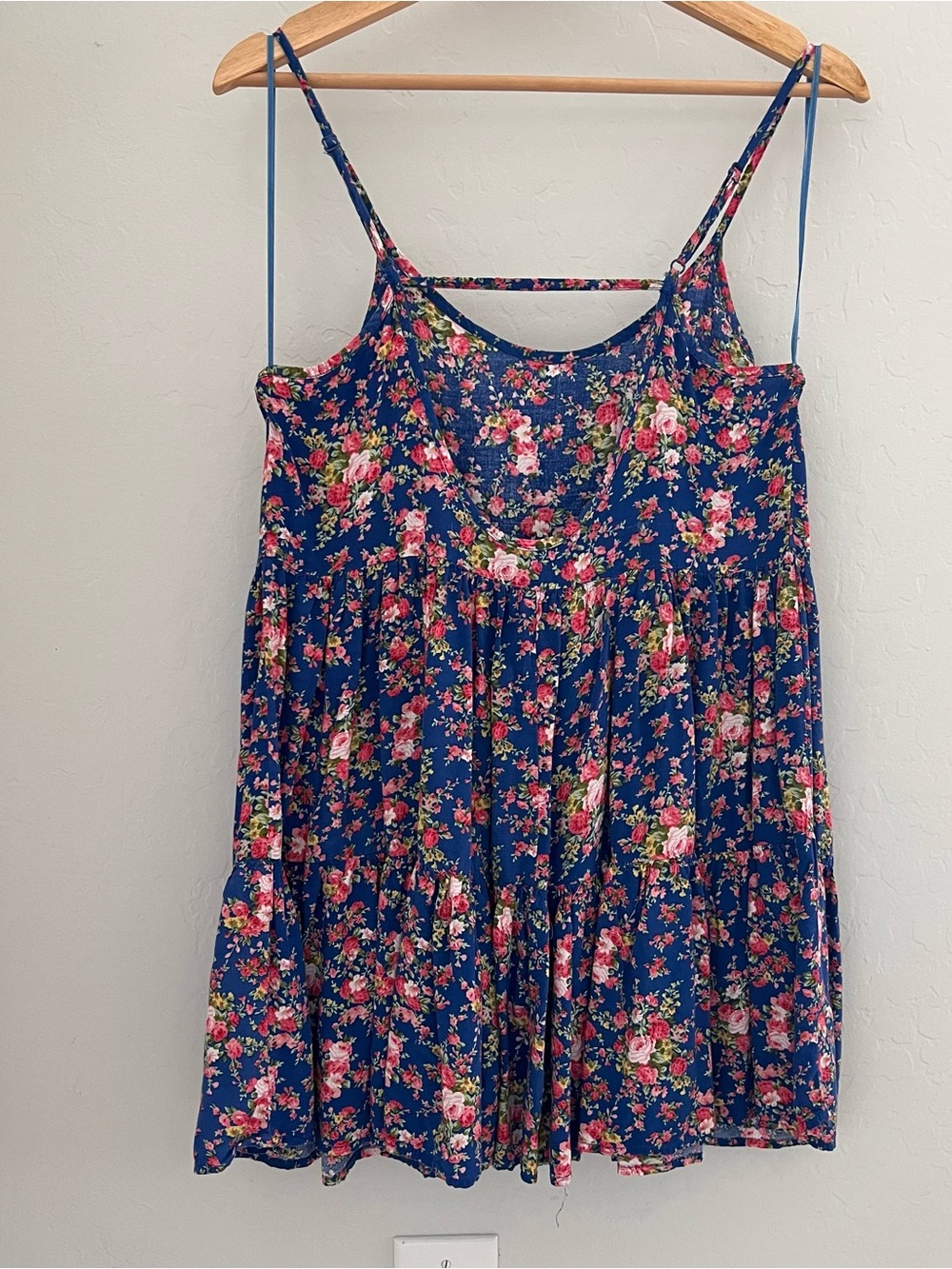 Navy Blue Floral Strapy Tiered Tuffled Sundress with Pink/Red Flowers Cecico S